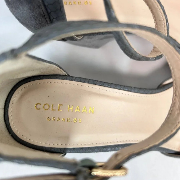 Cole Haan Grand OS Lara Size 9.5 Suede Wedge Heels Ankle Strap Snakeskin Gray - Picture 6 of 11
